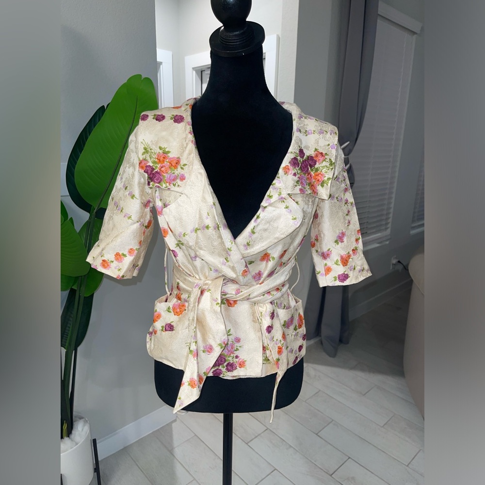 Tracy Reese 100% silk belted jacquard floral print jacket Sz 4